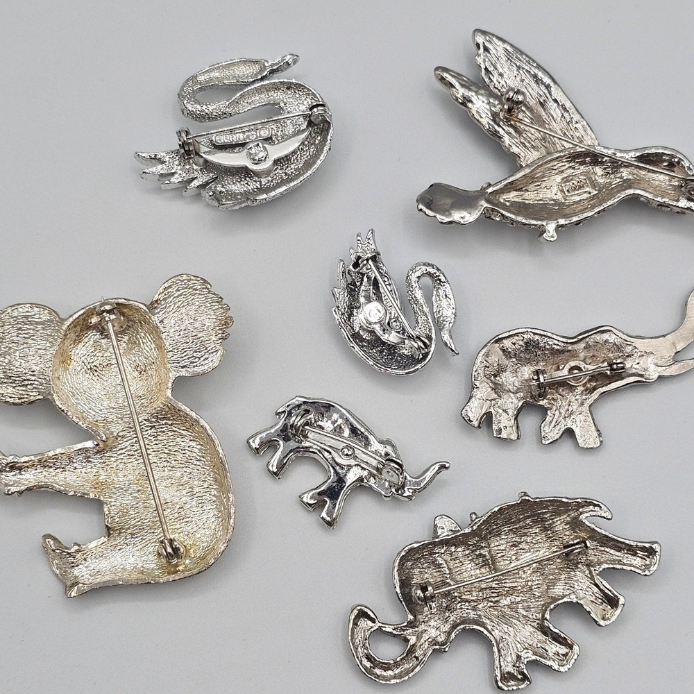 Vtg Lot Silver Tone Black Rhinestone Animal Brooch Figural Elephants Birds Koala - Picture 2 of 16